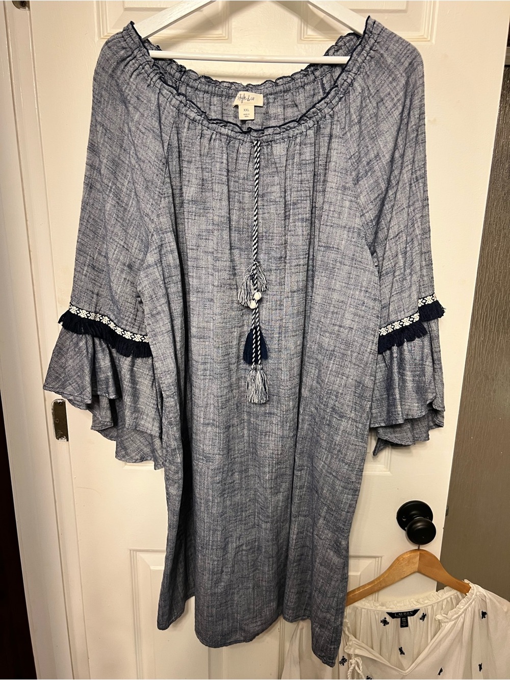 Style & Co Light Blue Chambray Off-Shoulder Tassel Midi Dress